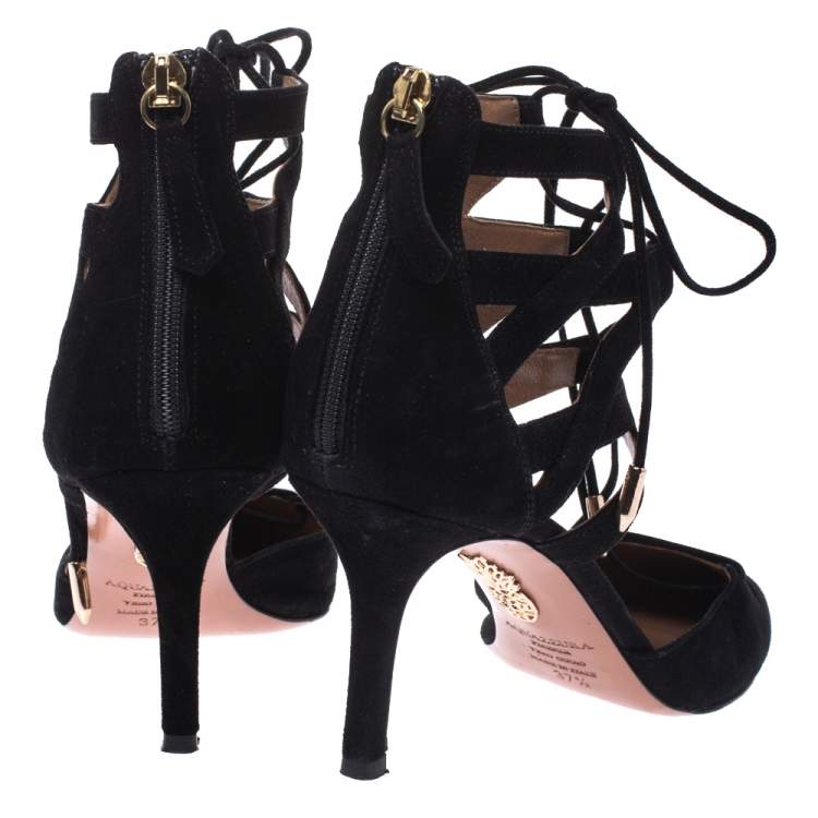 Pre Owned Aquazzura Black Suede Belgravia Lace Up Pointed Toe Pumps Size 37.5
