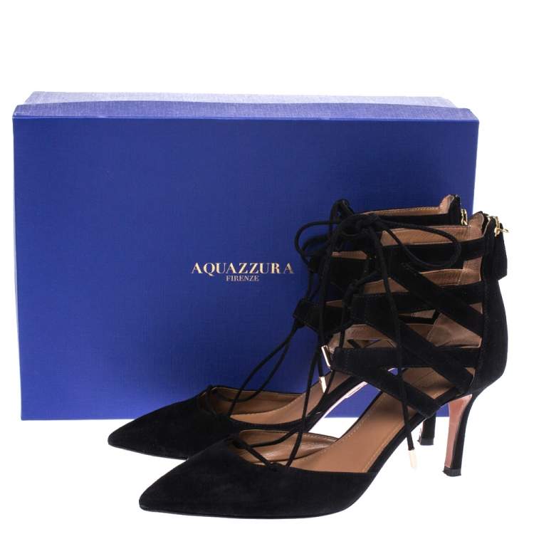 Pre Owned Aquazzura Black Suede Belgravia Lace Up Pointed Toe Pumps Size 37.5