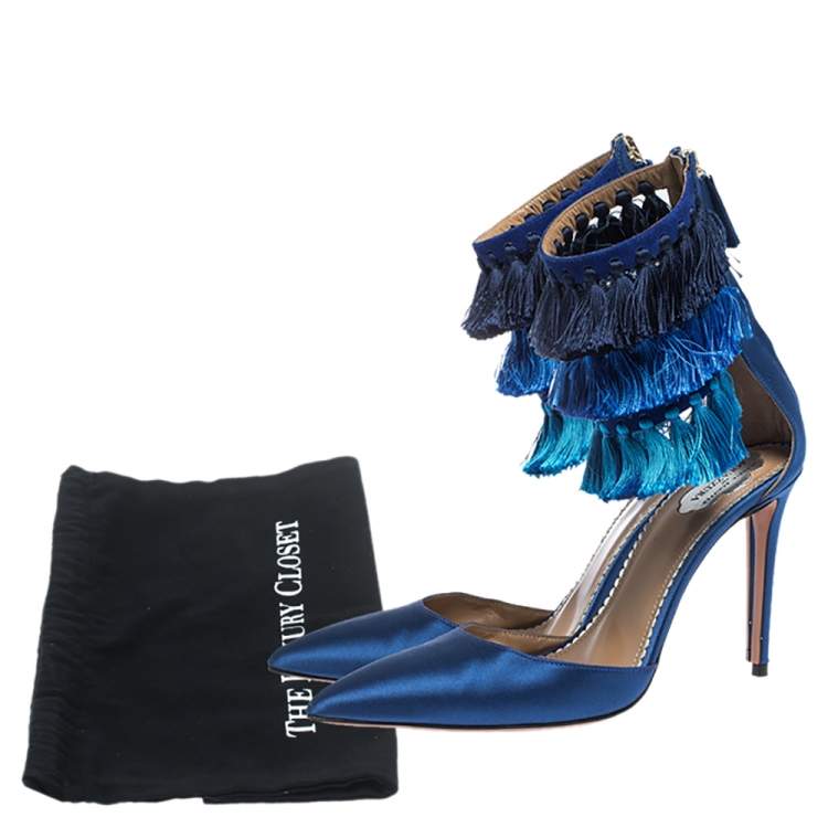 Pre Owned Claudia Schiffer For Aquazzura Blue Satin And Suede Tasseled Loulou Pumps Size 38