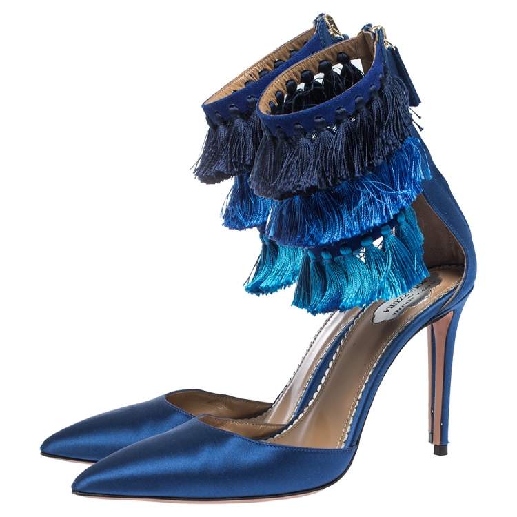 Pre Owned Claudia Schiffer For Aquazzura Blue Satin And Suede Tasseled Loulou Pumps Size 38