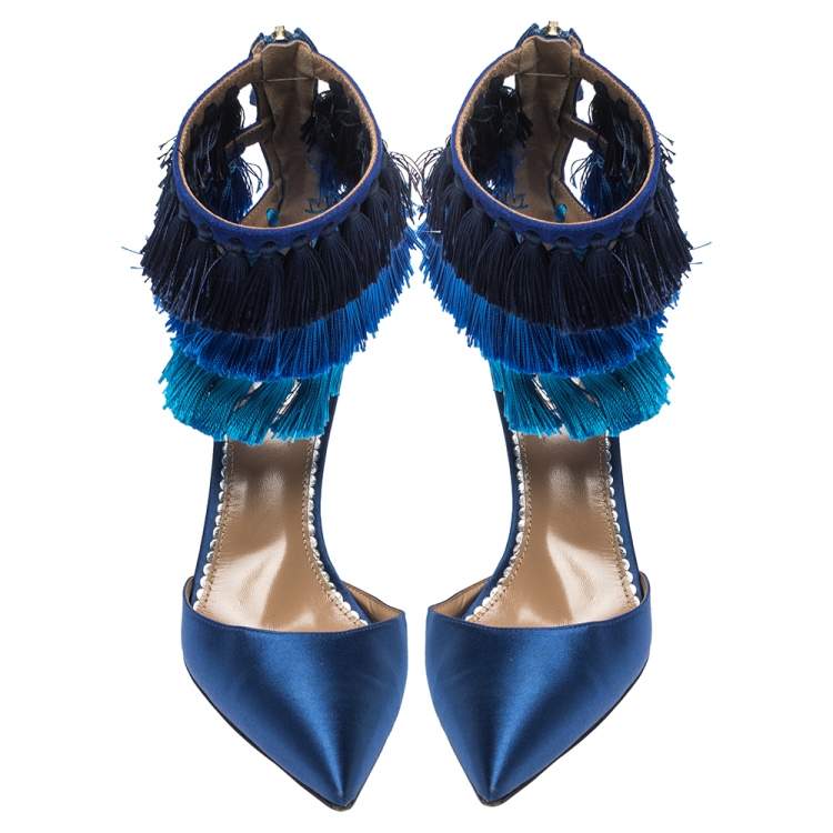 Pre Owned Claudia Schiffer For Aquazzura Blue Satin And Suede Tasseled Loulou Pumps Size 38