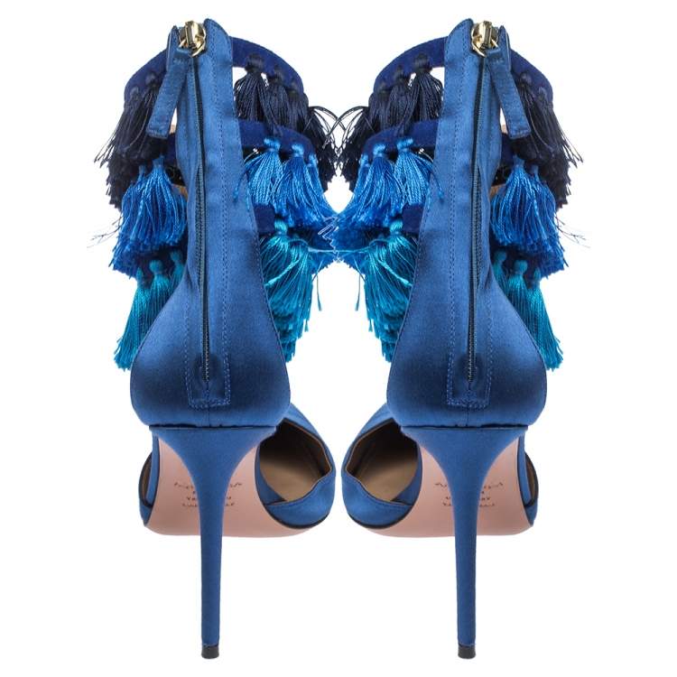 Pre Owned Claudia Schiffer For Aquazzura Blue Satin And Suede Tasseled Loulou Pumps Size 38