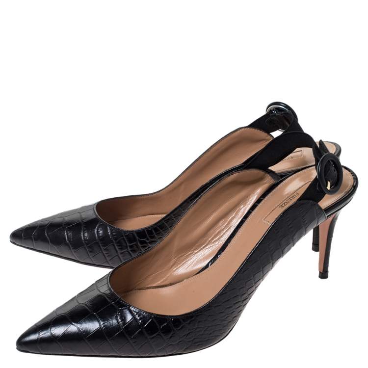Pre Owned Aquazzura Black Croc Embossed Leather Yale Slingback Sandals Size 38.5