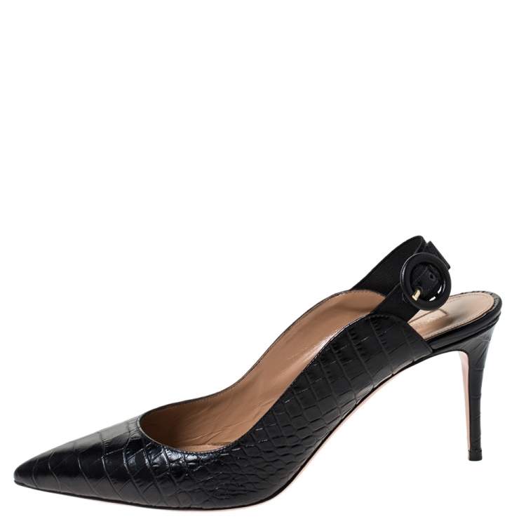 Pre Owned Aquazzura Black Croc Embossed Leather Yale Slingback Sandals Size 38.5