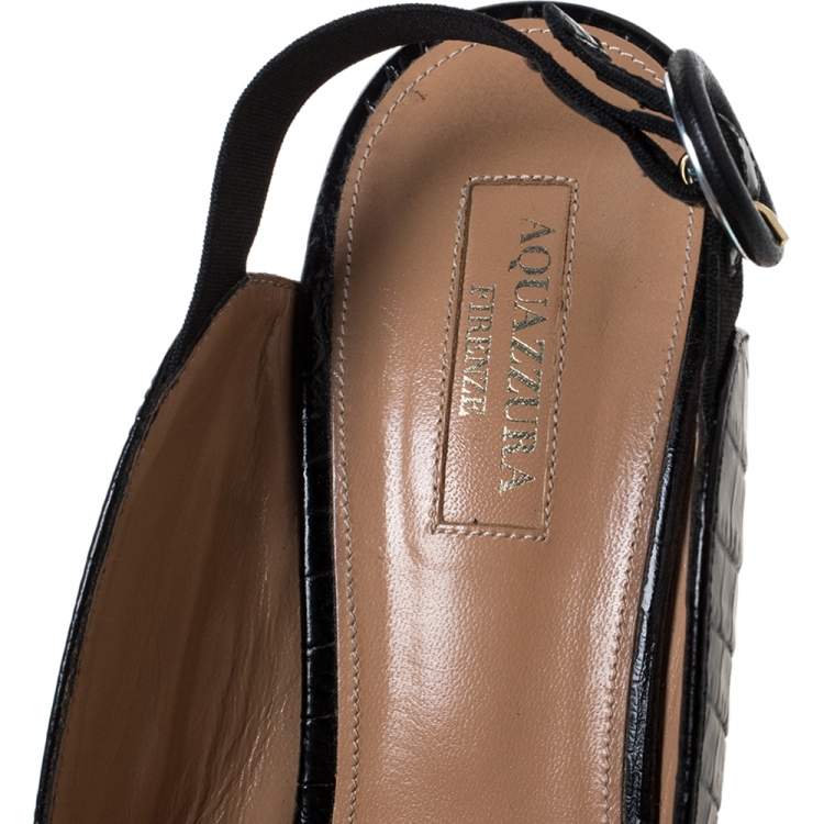 Pre Owned Aquazzura Black Croc Embossed Leather Yale Slingback Sandals Size 38.5