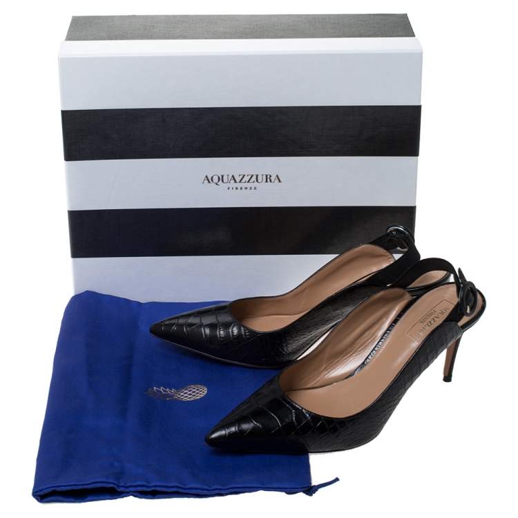 Pre Owned Aquazzura Black Croc Embossed Leather Yale Slingback Sandals Size 38.5
