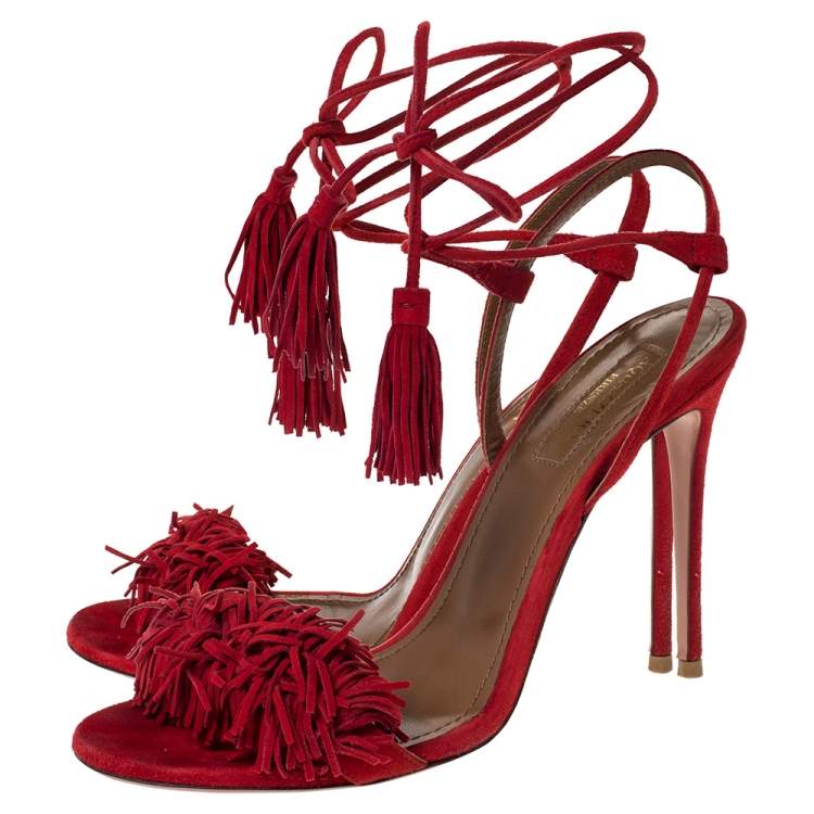 Pre Owned Aquazzura Red Fringed Suede Wild Thing Ankle Wrap Sandals Size 37.5