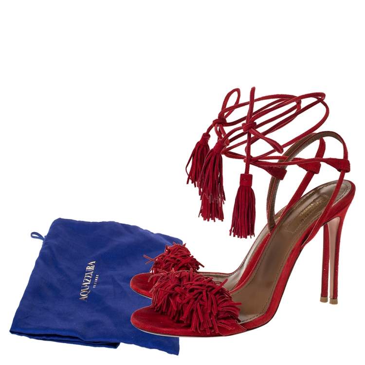 Pre Owned Aquazzura Red Suede Wild Thing Ankle Wrap Sandals Size 36