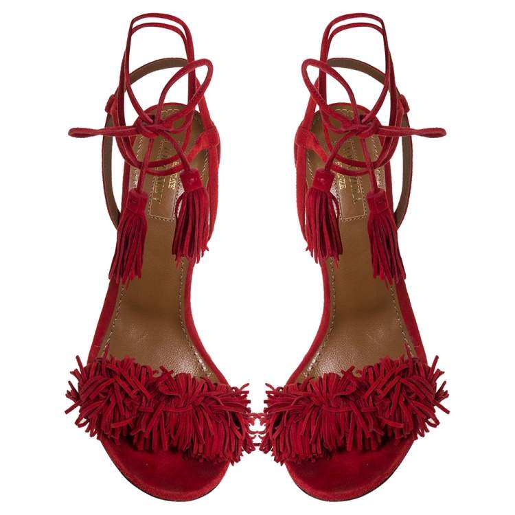 Pre Owned Aquazzura Red Suede Wild Thing Ankle Wrap Sandals Size 36