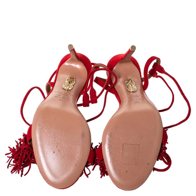 Pre Owned Aquazzura Red Suede Wild Thing Ankle Wrap Sandals Size 36