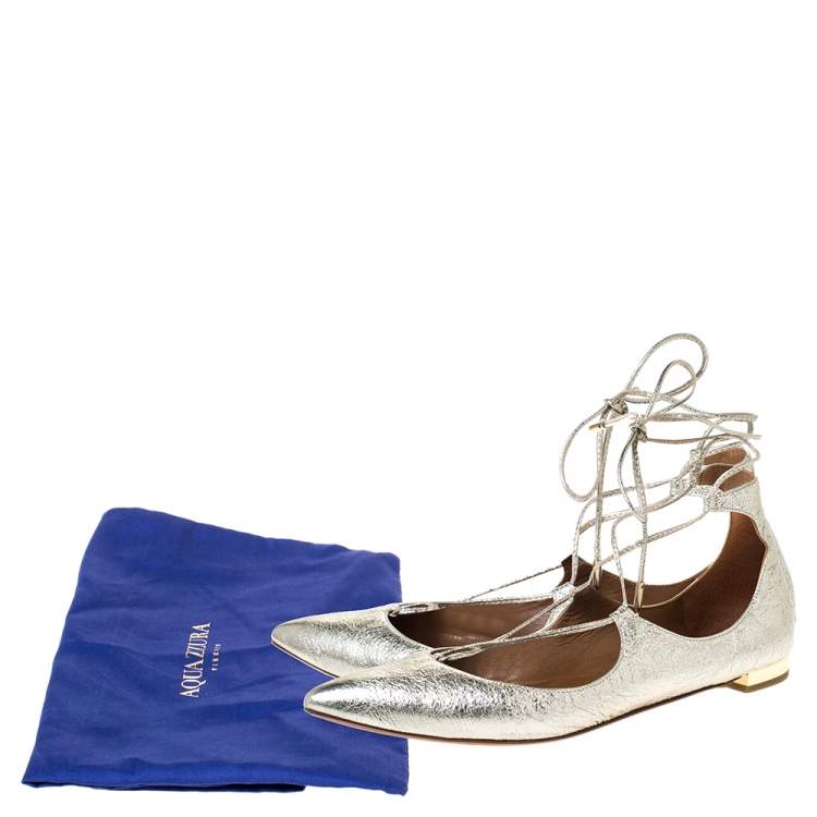 Pre Owned Aquazzura Gold Foil Leather Christy Lace Up Pointed Toe Flats Size 38