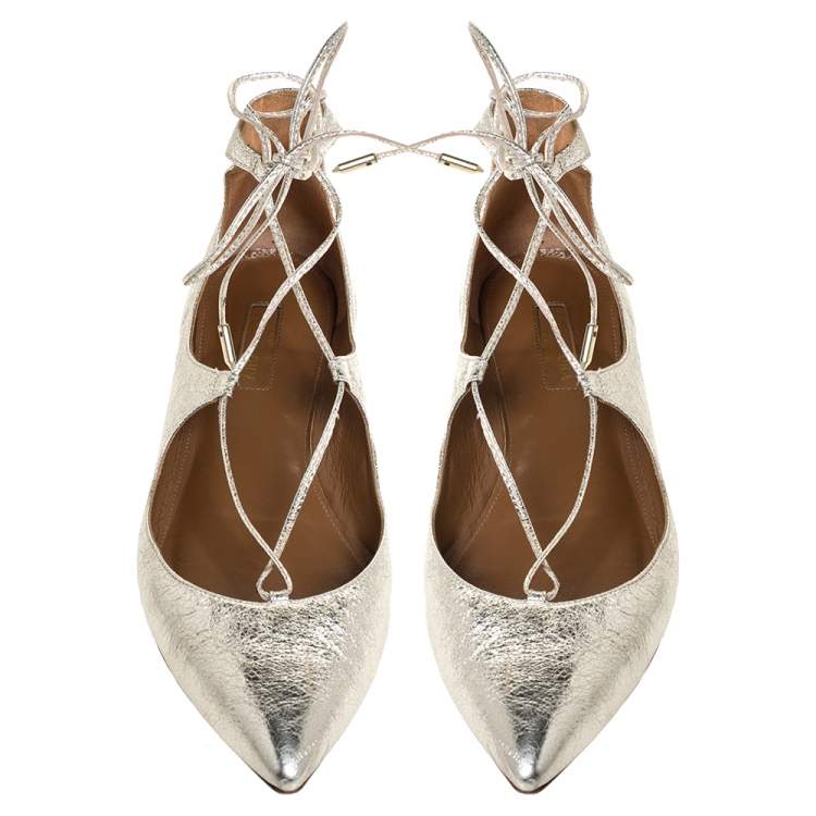 Pre Owned Aquazzura Gold Foil Leather Christy Lace Up Pointed Toe Flats Size 38