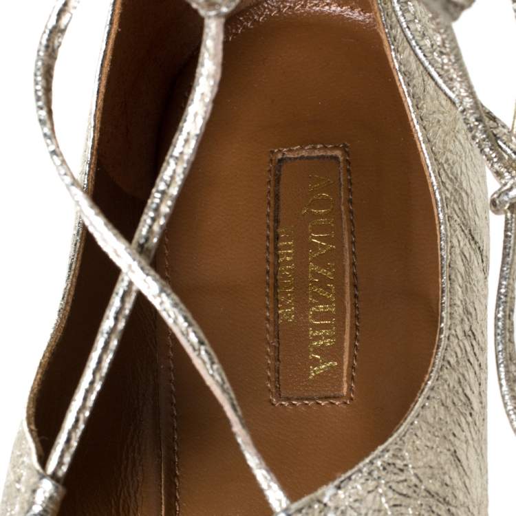 Pre Owned Aquazzura Gold Foil Leather Christy Lace Up Pointed Toe Flats Size 38
