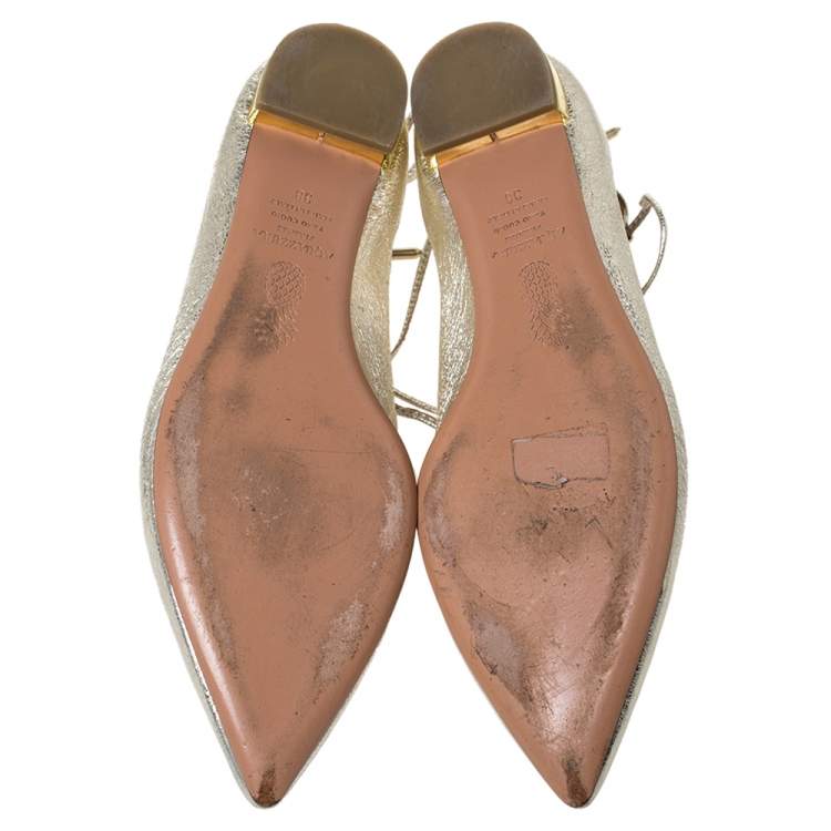 Pre Owned Aquazzura Gold Foil Leather Christy Lace Up Pointed Toe Flats Size 38