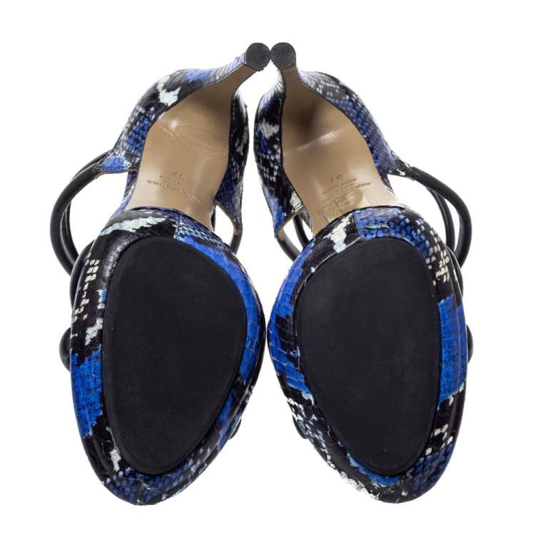 مملوكة مسبقًا Aquazzura Black/Blue Leather And Snakeskin Cheeta Strappy Sandals Size 37