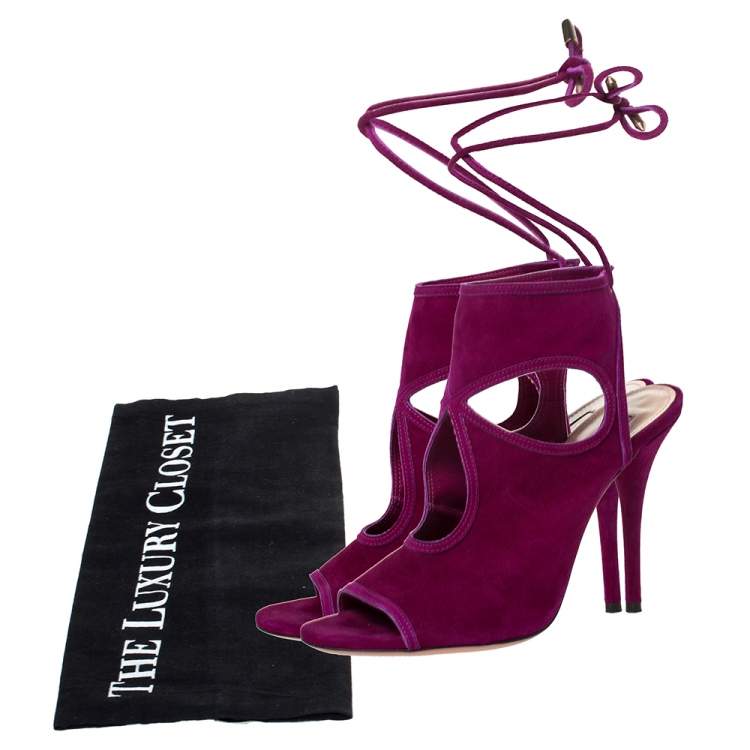 Pre Owned Aquazzura Purple Suede Sexy Thing Cut Out Tie Up Sandals Size 38.5