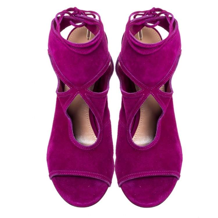 Pre Owned Aquazzura Purple Suede Sexy Thing Cut Out Tie Up Sandals Size 38.5