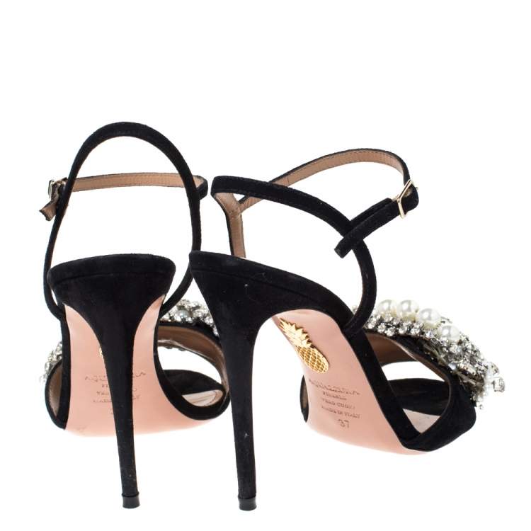 Pre Owned Aquazzura Black Suede Leather Crystal Embellished Ankle Strap Sandals Size 37