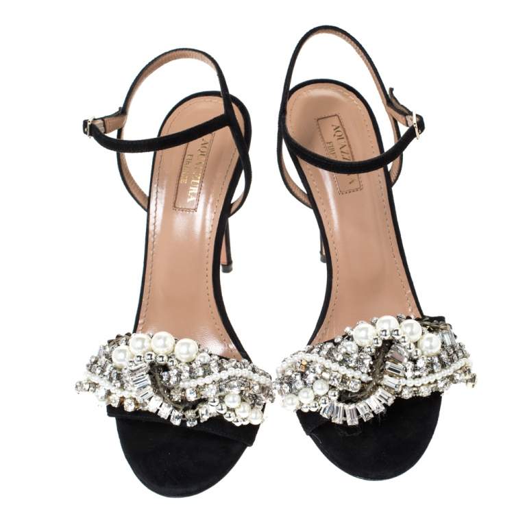 Pre Owned Aquazzura Black Suede Leather Crystal Embellished Ankle Strap Sandals Size 37