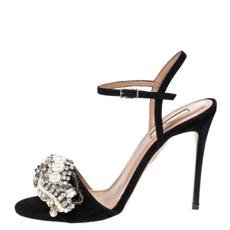 Pre Owned Aquazzura Black Suede Leather Crystal Embellished Ankle Strap Sandals Size 37