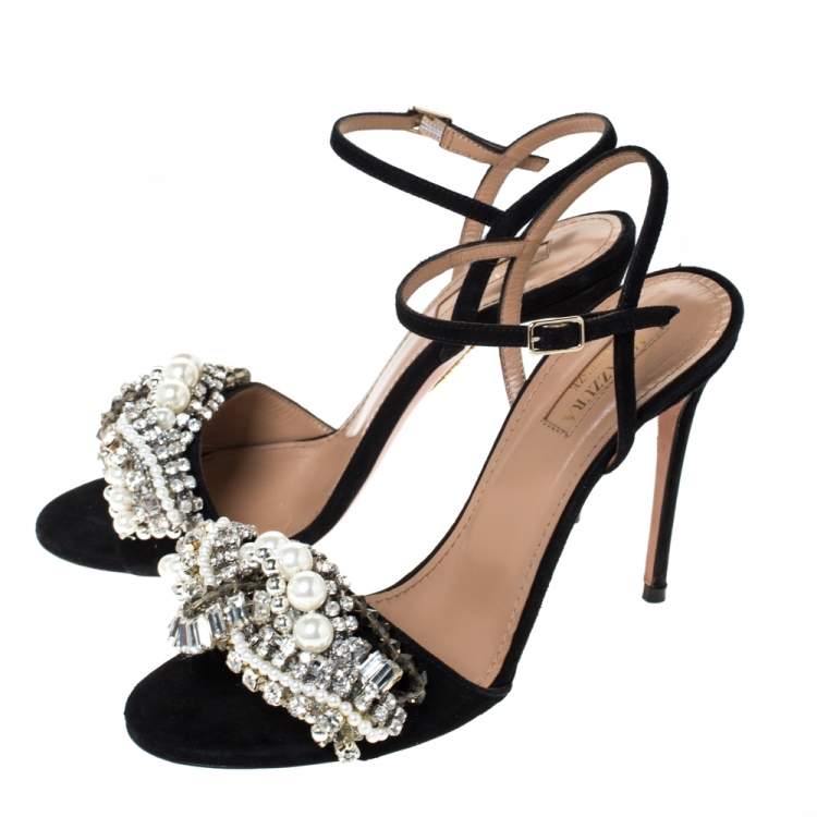 Pre Owned Aquazzura Black Suede Leather Crystal Embellished Ankle Strap Sandals Size 37