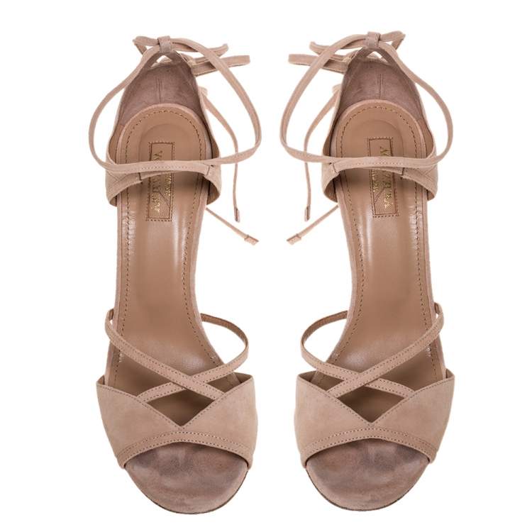 Pre Owned Aquazzura Powder Pink Suede Nathalie Ankle Wrap Sandals Size 39