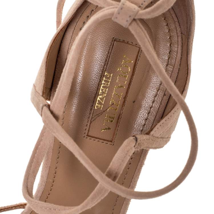 Pre Owned Aquazzura Powder Pink Suede Nathalie Ankle Wrap Sandals Size 39