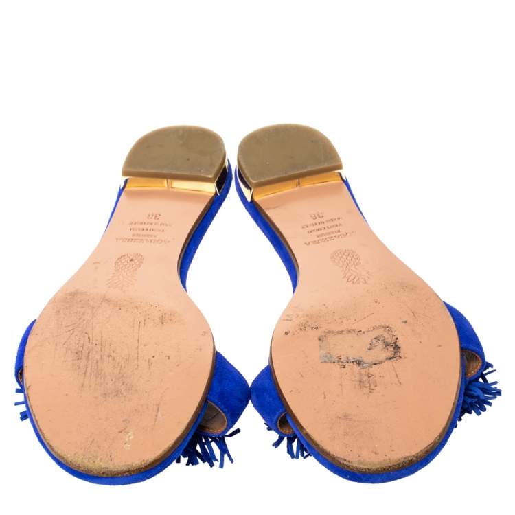 Pre Owned Aquazzura Blue Suede Wild Thing Fringed Flats Slides Size 38
