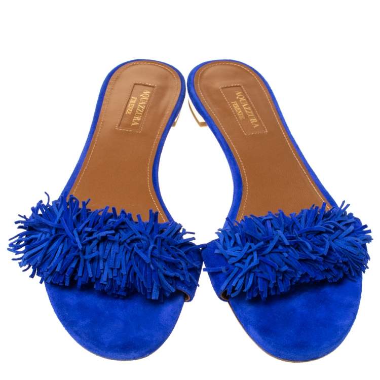 Pre Owned Aquazzura Blue Suede Wild Thing Fringed Flats Slides Size 38