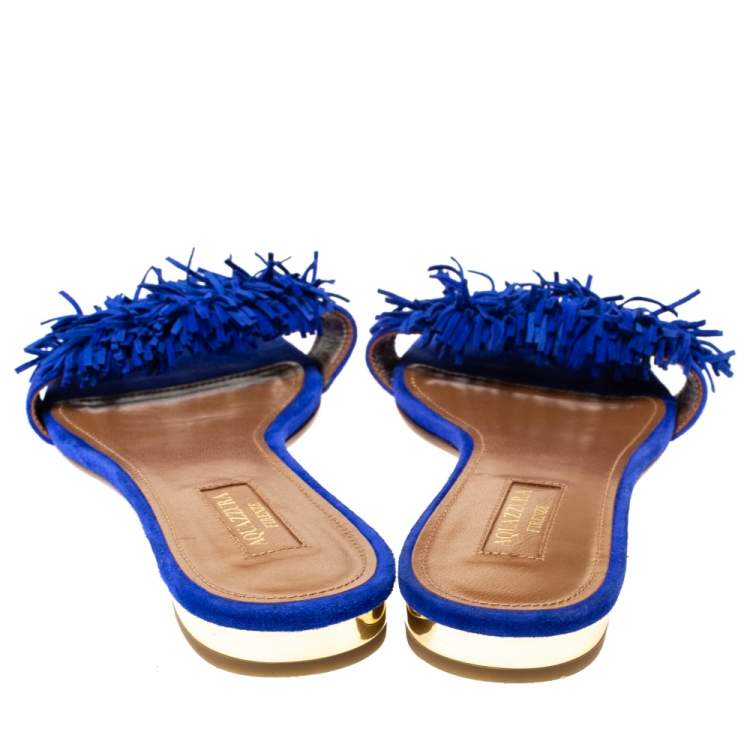 Pre Owned Aquazzura Blue Suede Wild Thing Fringed Flats Slides Size 38