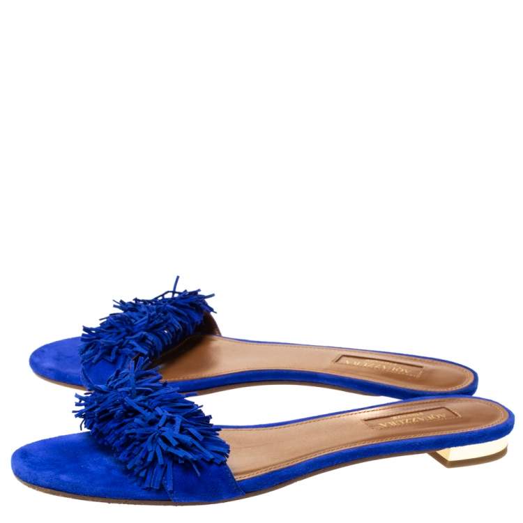 Pre Owned Aquazzura Blue Suede Wild Thing Fringed Flats Slides Size 38