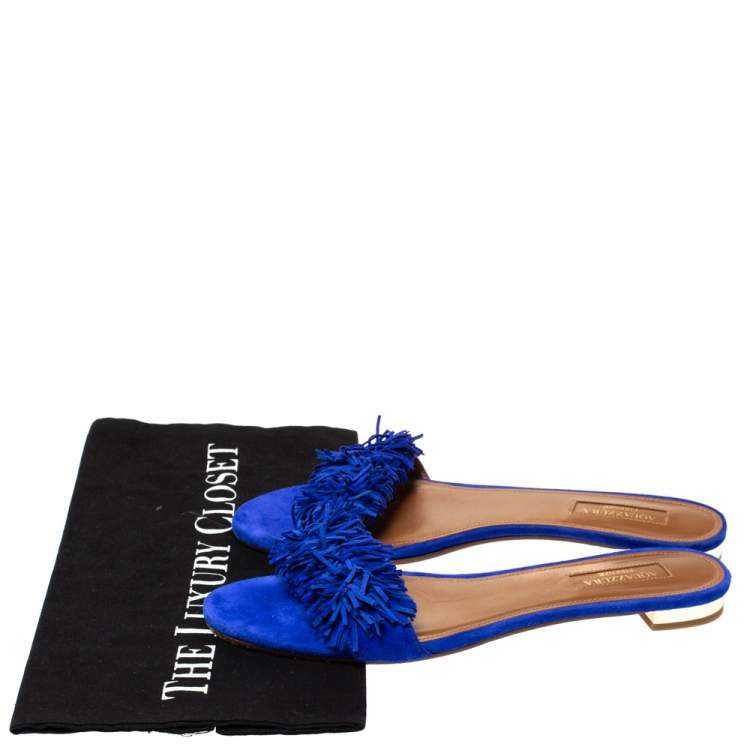 Pre Owned Aquazzura Blue Suede Wild Thing Fringed Flats Slides Size 38