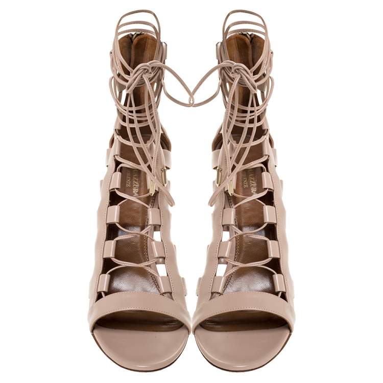 Pre Owned Aquazzura Beige Leather Amazon Lace Up Open Toe Sandals Size 40.5