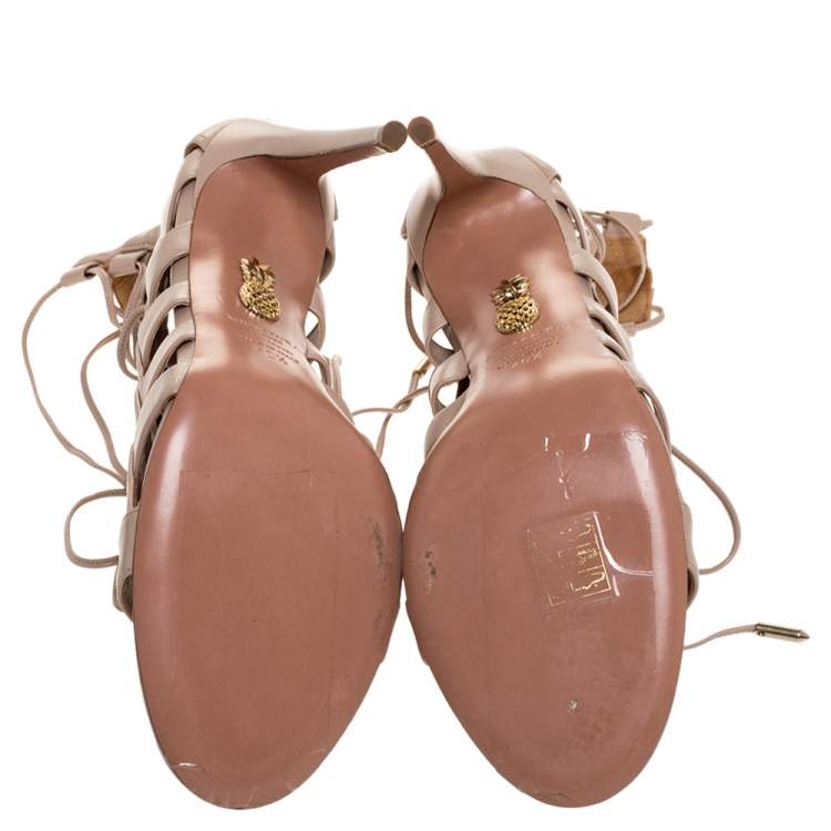 Pre Owned Aquazzura Beige Leather Amazon Lace Up Open Toe Sandals Size 40.5