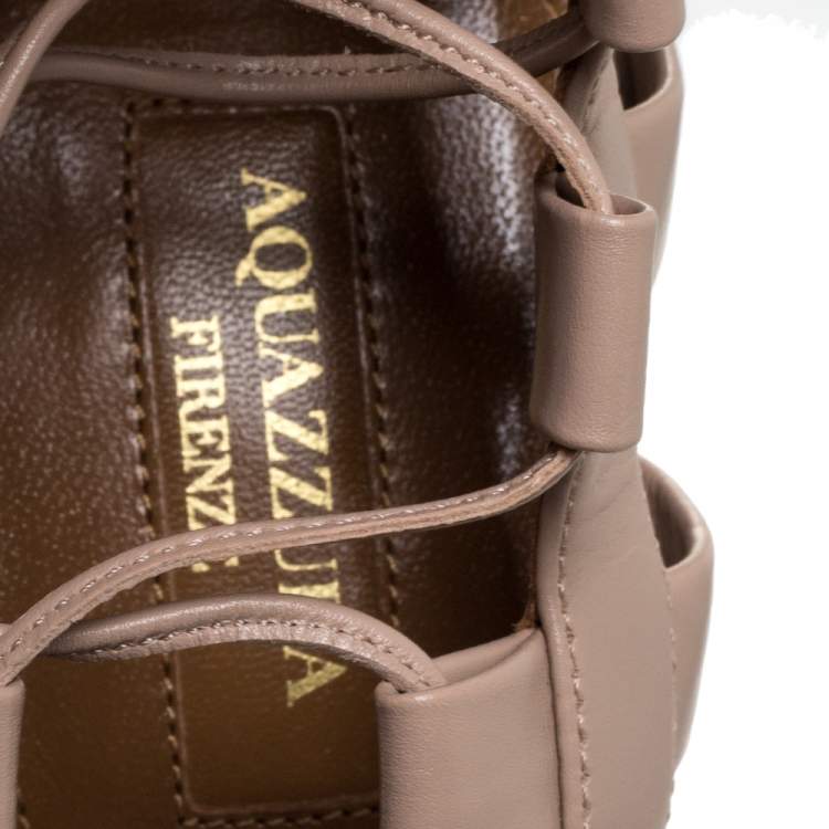 Pre Owned Aquazzura Beige Leather Amazon Lace Up Open Toe Sandals Size 40.5
