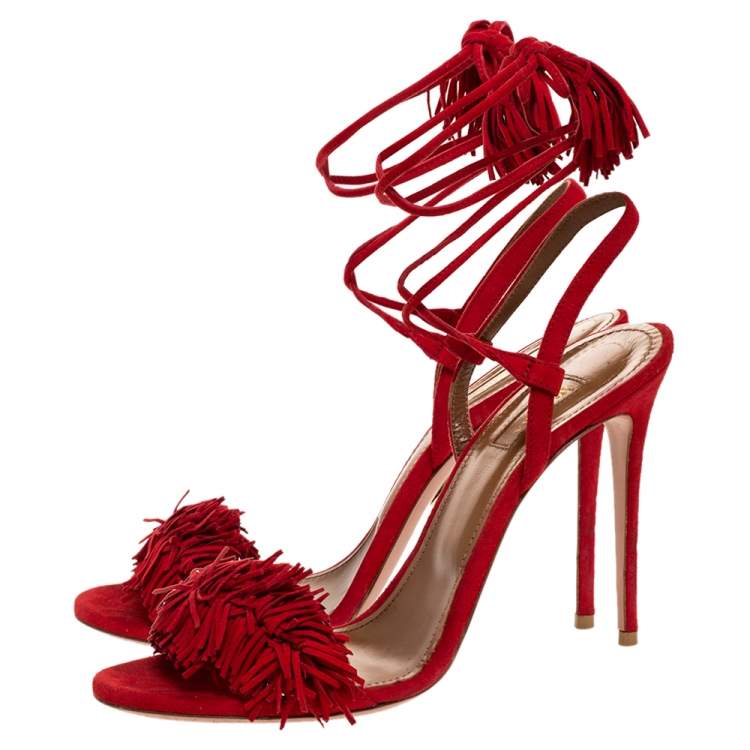 Pre Owned Aquazzura Red Suede Leather Wild Thing Fringe Details Ankle Wrap Sandals Size 39