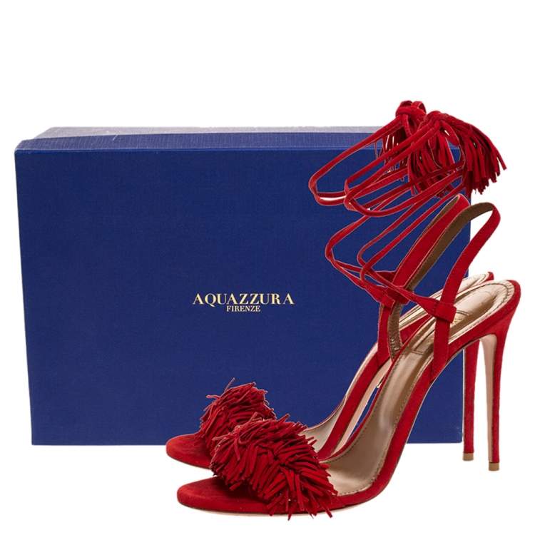 Pre Owned Aquazzura Red Suede Leather Wild Thing Fringe Details Ankle Wrap Sandals Size 39