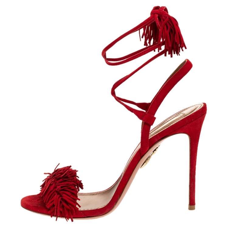 Pre Owned Aquazzura Red Suede Leather Wild Thing Fringe Details Ankle Wrap Sandals Size 39