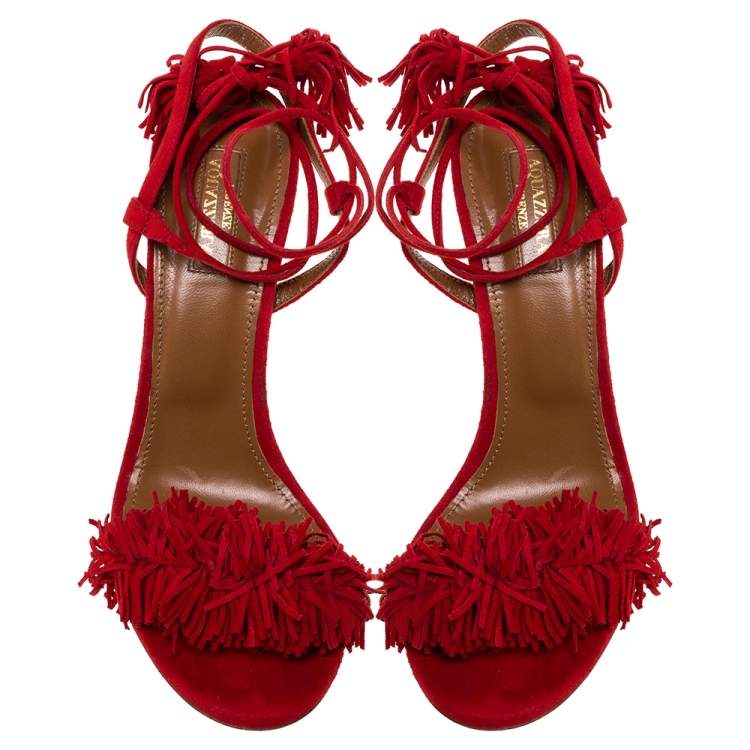 Pre Owned Aquazzura Red Suede Leather Wild Thing Fringe Details Ankle Wrap Sandals Size 39