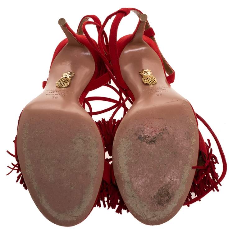 Pre Owned Aquazzura Red Suede Leather Wild Thing Fringe Details Ankle Wrap Sandals Size 39