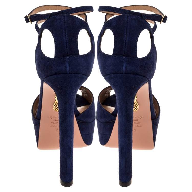 Pre Owned Aquazzura Midnight Blue Suede Harlow Platform Sandals Size 37