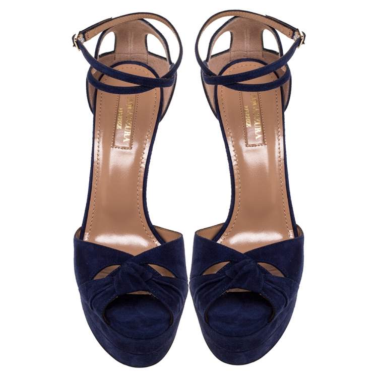 Pre Owned Aquazzura Midnight Blue Suede Harlow Platform Sandals Size 37