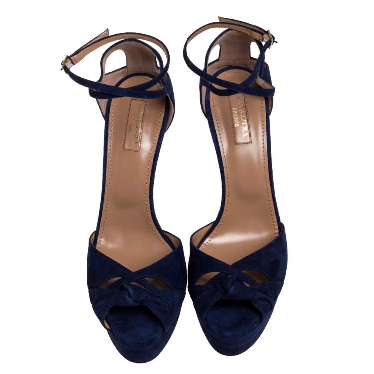 Pre Owned Aquazzura Navy Blue Suede Harlow Platform Sandals Size 40