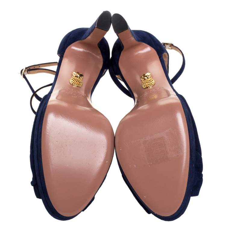 Pre Owned Aquazzura Navy Blue Suede Harlow Platform Sandals Size 40
