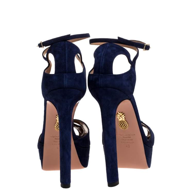 Pre Owned Aquazzura Navy Blue Suede Harlow Platform Sandals Size 40