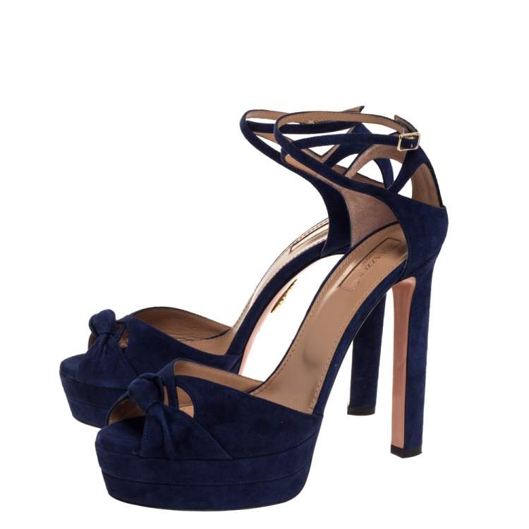 Pre Owned Aquazzura Navy Blue Suede Harlow Platform Sandals Size 40