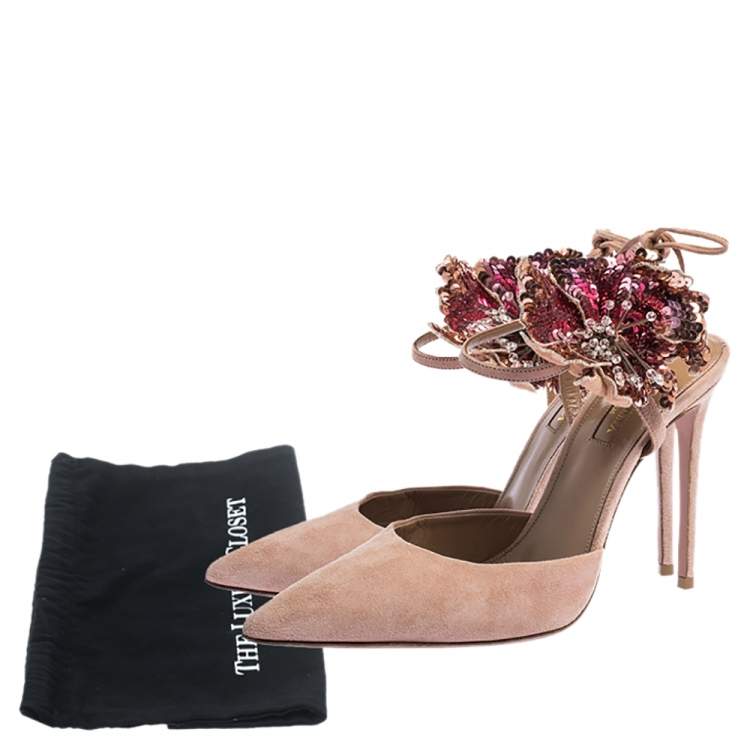Pre Owned Aquazzura Beige Suede Disco Flower Embellished Ankle Tie Sandals Size 38.5