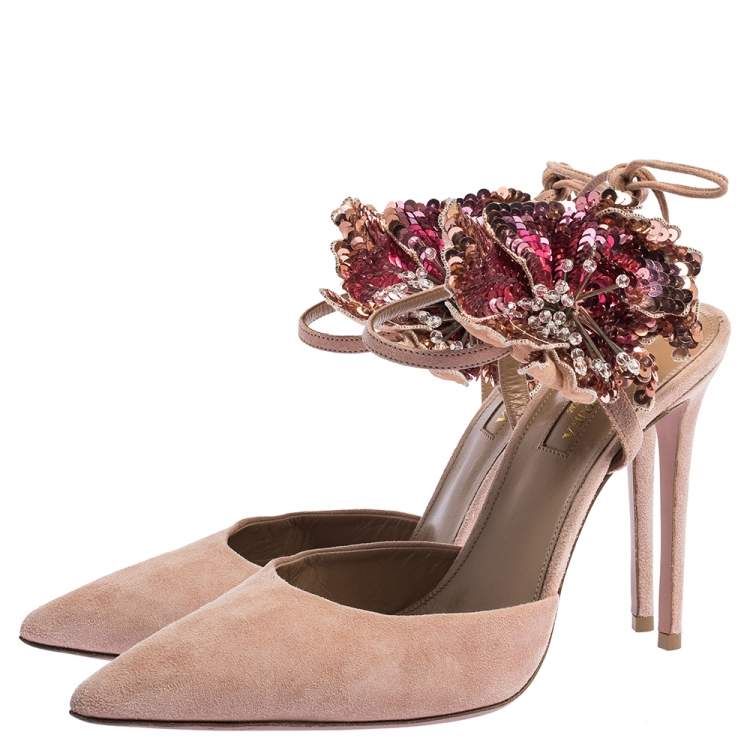 Pre Owned Aquazzura Beige Suede Disco Flower Embellished Ankle Tie Sandals Size 38.5
