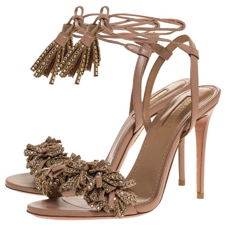 Pre Owned Aquazzura Pink Leather Wild Thing Embellished Fringe And Tassel Ankle Wrap Sandals Size 37.5
