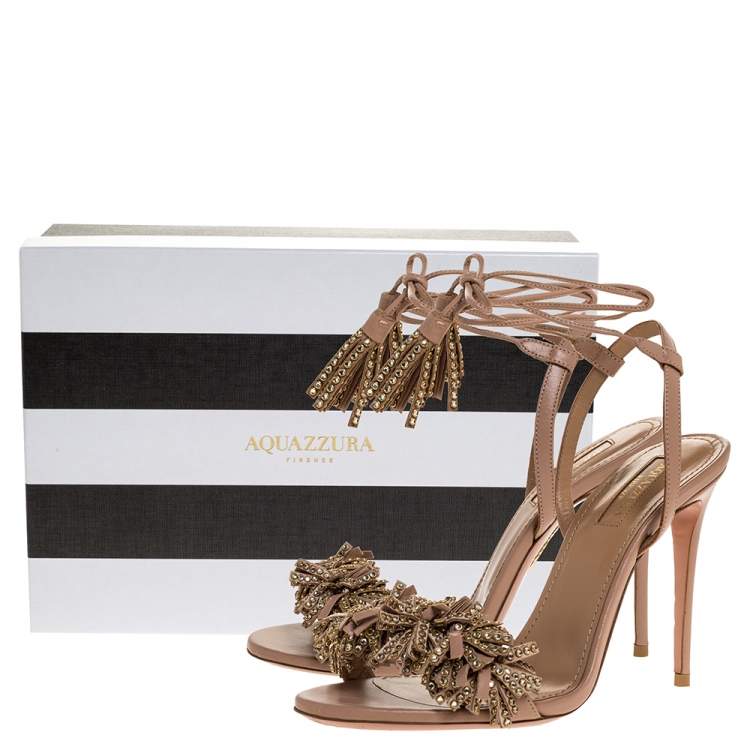 Pre Owned Aquazzura Pink Leather Wild Thing Embellished Fringe And Tassel Ankle Wrap Sandals Size 37.5